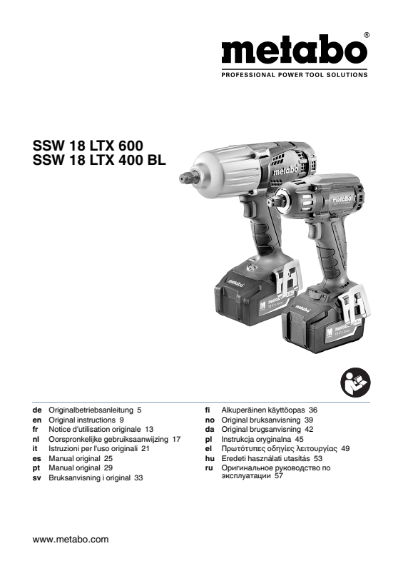 Bedienungsanleitung fÃ¼r Metabo Akku-Schlagschrauber SSW 18 LTX 600