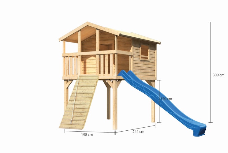 Akubi Stelzenhaus Benjamin mit Rutsche und Holzrampe