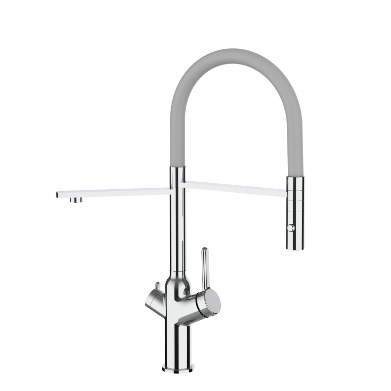 3 Wege Wasserhahn Küchenarmatur, BOD, mit 360° schwenkbarem Auslauf, abnehmbare 2 strahl Handbrause, Verchromt / Grau