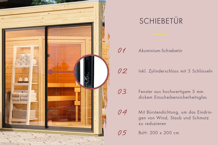 Karibu Design Saunahaus Miramar mit Vorraum - Douglasie-Lamellenprofil  - 73 mm
