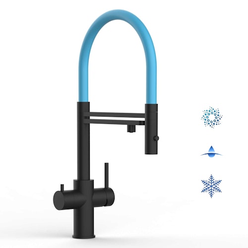 5 Wege Wasserhahn Küchenarmatur, Edelstahl Massiv mit 360° schwenkbarem Auslauf, abnehmbare 2 strahl Handbrause, PVD Schwarz Matt / Hellblau