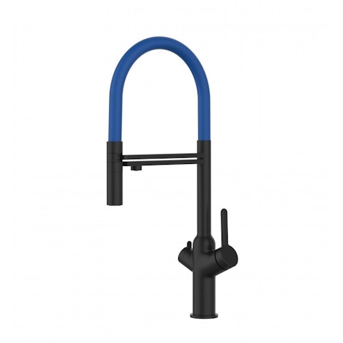 3 Wege Wasserhahn Küchenarmatur, BOD, mit 360° schwenkbarem Auslauf, abnehmbare 2 strahl Handbrause, Schwarz Matt / Blau