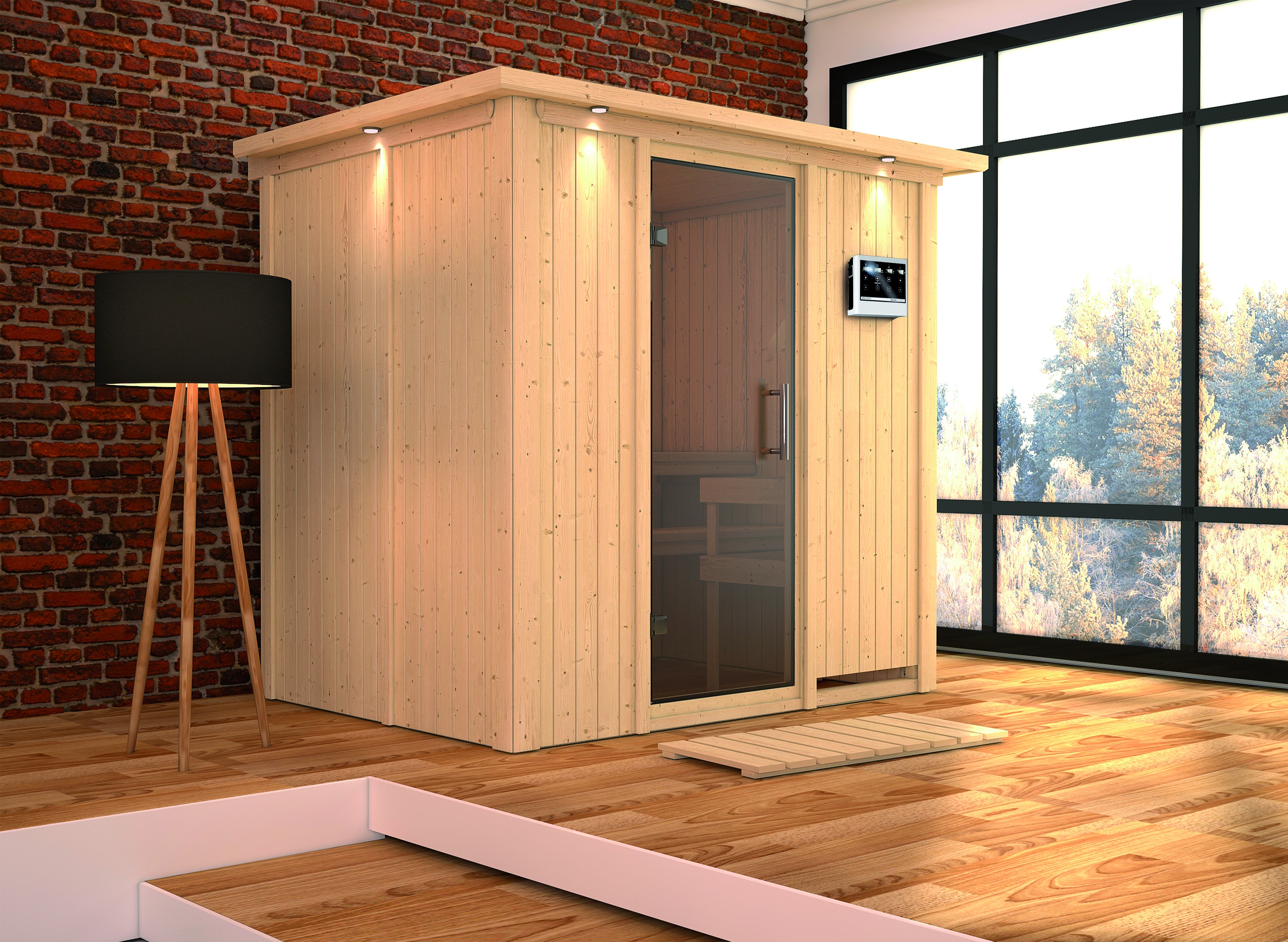 Karibu Sauna Bodin mit Fronteinstieg 68 mm inkl. 9-teiligem Gratis-Zubehörpaket im Wert von 137,95 €