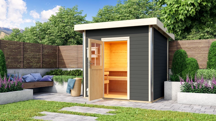 Karibu Gartensauna Pultdach Saunahaus Norge terragrau inkl. gratis Sauna-Zubehörset im Wert von 234,94 €