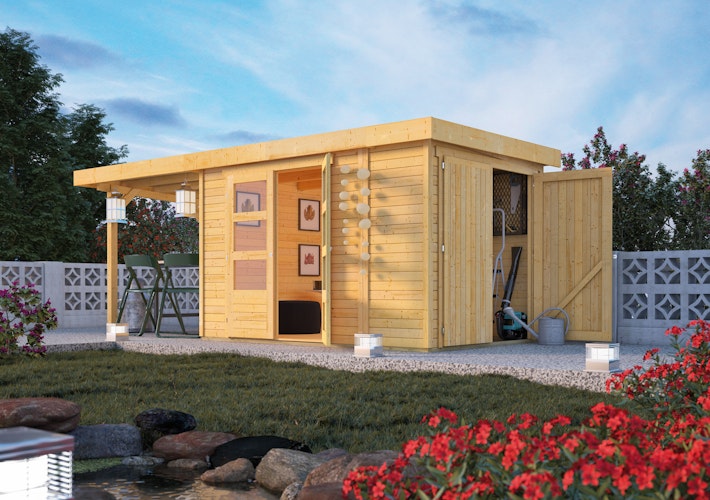 Karibu Woodfeeling Gartenhaus Retola 2/3/4/5/6 inkl. Anbauschrank u. 280 cm Schleppdach