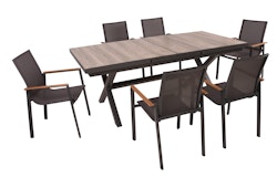 Garden Pleasure Gartenmöbel Set RANA / SILEA 02, Ausziehtisch 200/260 x 100 + 6 Stapelsessel, Alu Anthrazit / Keramik Silbereiche / Kunststoffgewebe Dunkelgrau