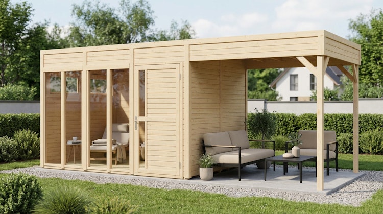 Bertilo Element-Gartenhaus Cubus 3 Office inkl. Lounge-Anbau - 19 mm
