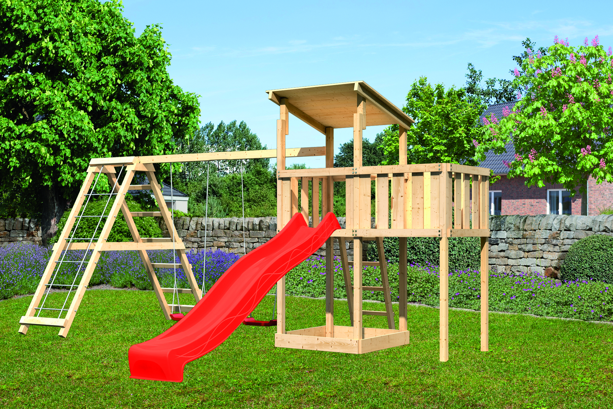 Akubi Kinderspielturm Anna mit Pultdach inkl. Wellenrutsche, Anbauplattform, Doppelschaukel und Klettergerüst