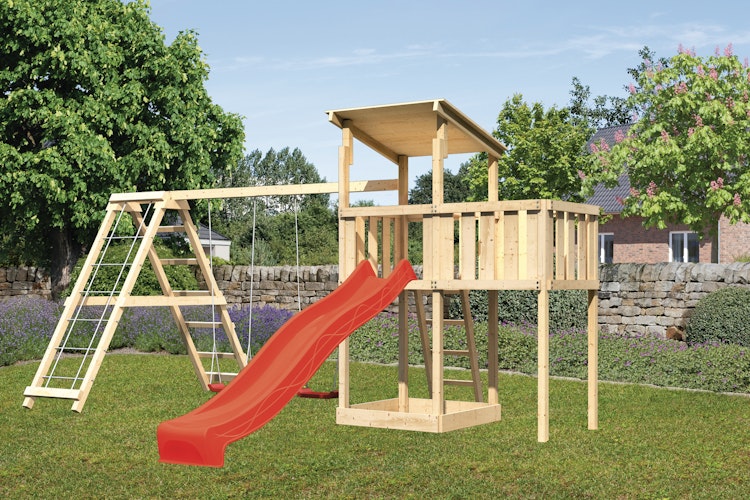 Akubi Kinderspielturm Anna mit Pultdach inkl. Wellenrutsche, Anbauplattform, Doppelschaukel und Klettergerüst