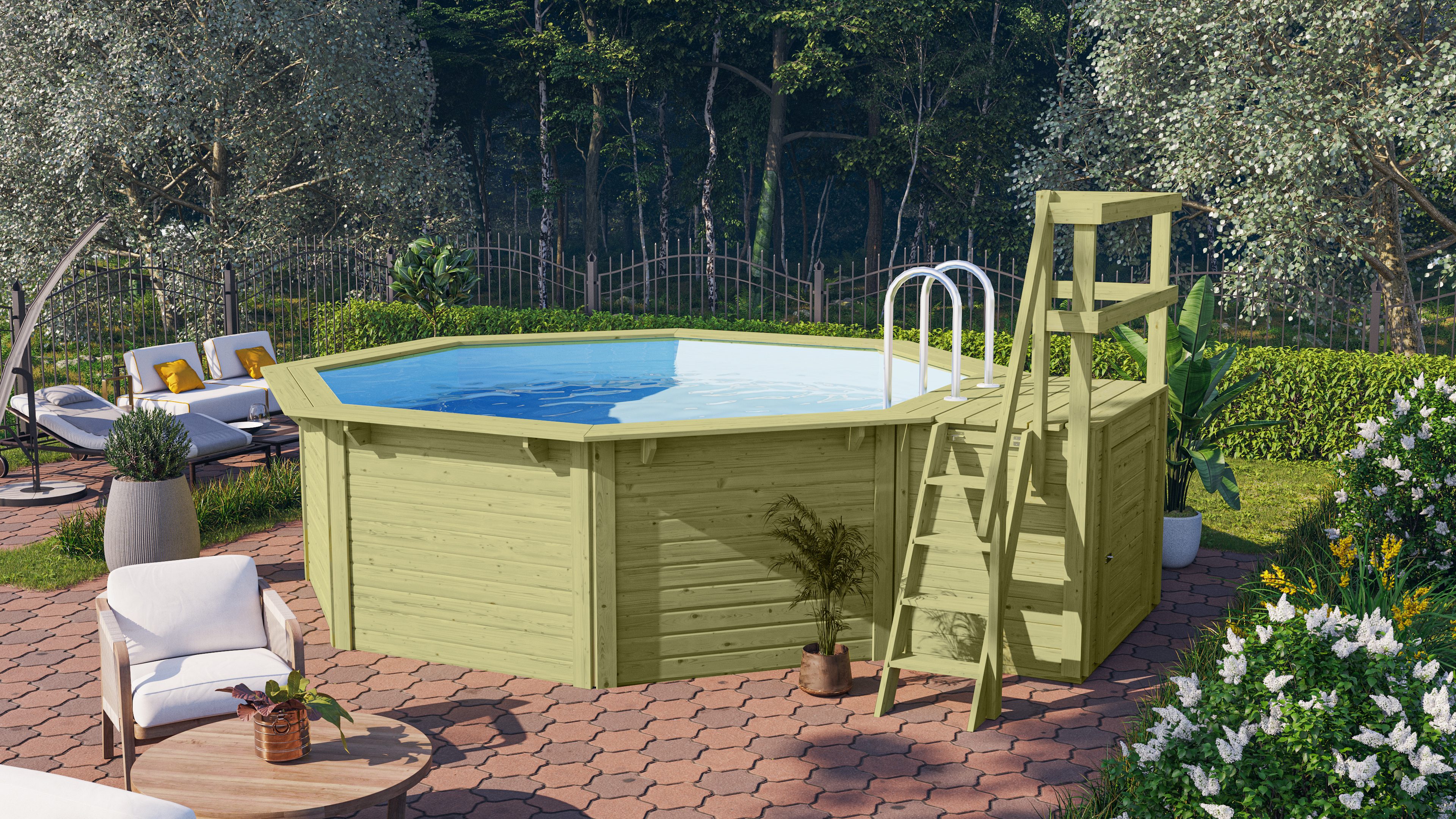 Karibu Pool Modell X1 400 x 400 cm mit Terrasse - kesseldruckimprägniert mit Metallecken inkl. gratis Sandfilteranlage & Pool-Starterset (Gesamtwert 418,99€)
