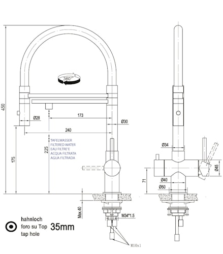 Kurzversion 45CM - 3 Wege Wasserhahn Küchenarmatur, Edelstahl Massiv mit 360° schwenkbarem Auslauf, abnehmbare 2 strahl Handbrause, Hochglanz / Rot