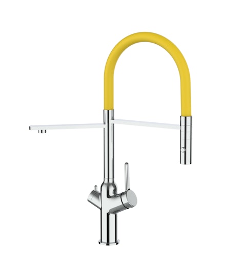 4 Wege Wasserhahn Küchenarmatur, BOD, mit 360° schwenkbarem Auslauf, abnehmbare 2 strahl Handbrause, Verchromt / Gelb