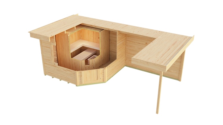 Weka Blockbohlen Saunahaus Salo 2 (mit 303 cm Anbau) inkl. Elementsauna 28/68 mm