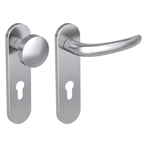 Griffwerk ULMER GRIFF PROF | DESIGN MANUFAKTUR FS -Edelstahl matt -Kurzschild-Garnitur -Schraubt. -Knopf R2 -WR -Stift 9mm -TS 38-50mm