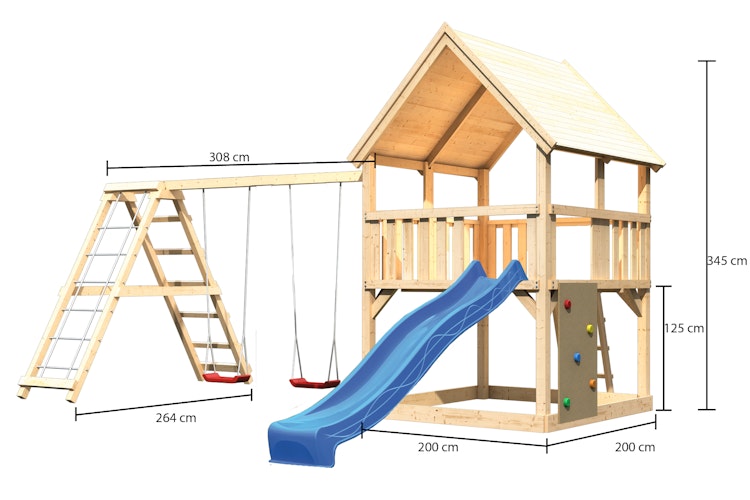 Akubi Kinderspielturm Luis mit Doppelschaukelklettergerüst, Kletterwand und Wellenrutsche
