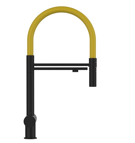 3 Wege Wasserhahn Küchenarmatur, Edelstahl Massiv mit 360° schwenkbarem Auslauf und abnehmbare 2 strahl Handbrause, PVD Schwarz Matt / Gelb