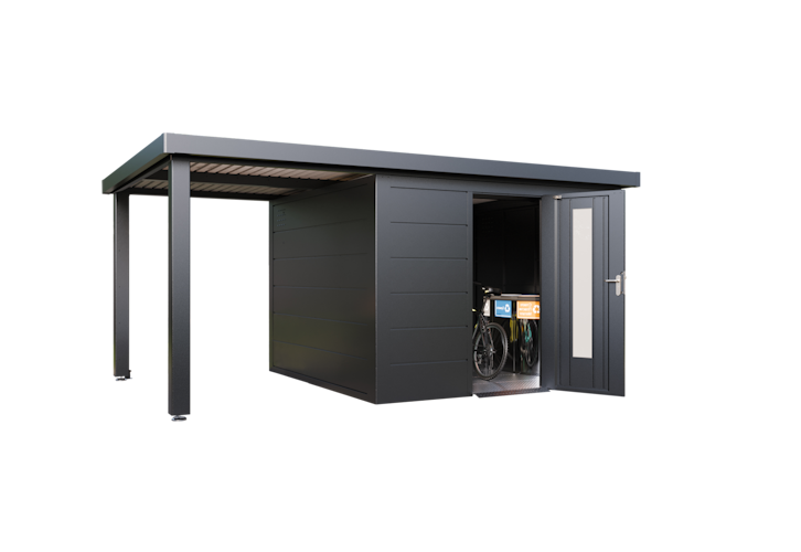 Wolff Finnhaus Premium Metall Gartenhaus Thorin 5424 Anthrazit inkl. 240 cm Anbaudach