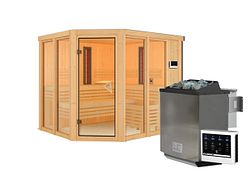Karibu Multifunktions-Sauna Ava inkl. Infrarotstrahler mit Eckeinstieg 68 mm inkl. gratis Zubehörpaket im Wert von 126,96€