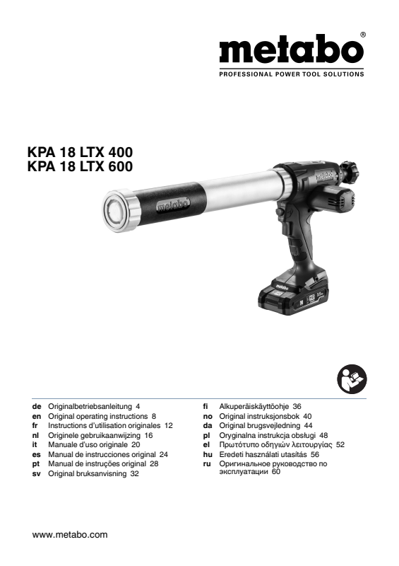 Bedienungsanleitung fÃ¼r Metabo Akku-Kartuschenpistole KPA 18 LTX 400
