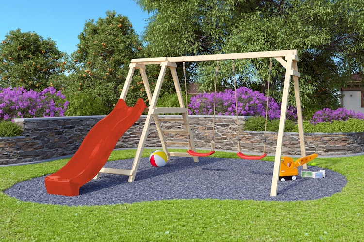 Akubi Kinderspielgerät Doppelschaukel Felix mit Klettergerüst und Rutsche