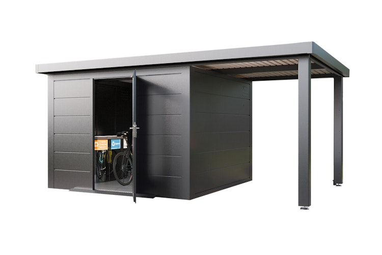 Wolff Finnhaus Premium Metall Gartenhaus Thorin 5424 Anthrazit inkl. 240 cm Anbaudach