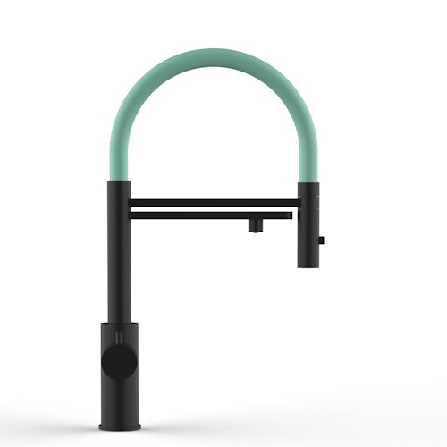 Kurzversion 47 cm - 5 Wege Wasserhahn Küchenarmatur, Edelstahl Massiv mit 360° schwenkbarem Auslauf, abnehmbare 2 strahl Handbrause, PVD Schwarz Matt / Türkis