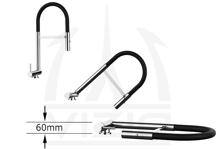 Wasserhahn Vorfenster Küchenarmatur, Umklappbar 6 CM, LINKER HEBEL, mit 360° schwenkbarem Auslauf abnehmbare 2 strahl Handbrause, Verchromt / Schwarz