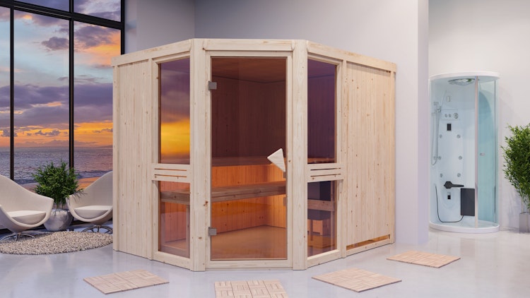 Karibu Amelia 3 - Sauna mit Eckeinstieg 68 mm inkl. gratis Sauna-Zubehörset im Wert von 234,94 €