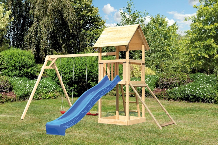Akubi Kinderspielturm Lotti mit Satteldach inkl. Wellenrutsche, Doppelschaukelanbau und Netzrampe