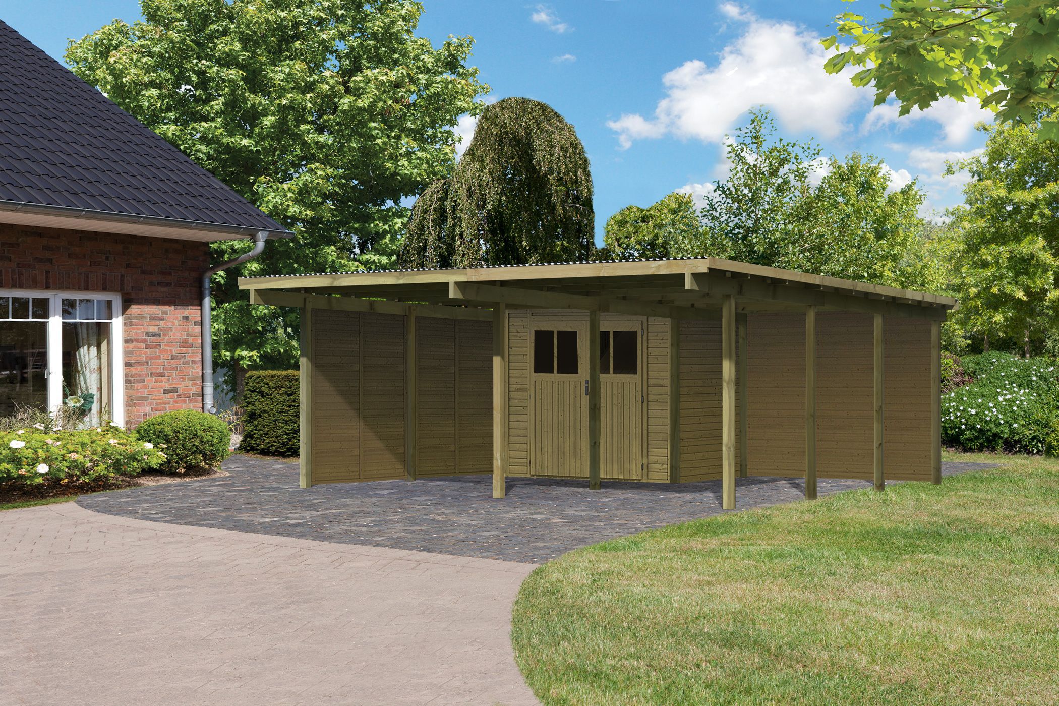 Karibu Doppelcarport Eco 2 mit integriertem Abstellraum klein - kesseldruckimprägniert