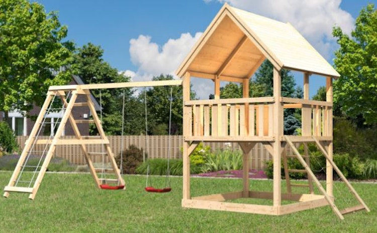 Akubi Kinderspielturm Luis mit Doppelschaukelklettergrüst inkl. Netzrampe