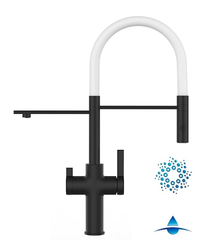 4 Wege Wasserhahn Küchenarmatur, FC, mit 360° schwenkbarem Auslauf, abnehmbare 2 strahl Handbrause, Schwarz Matt / Weiß