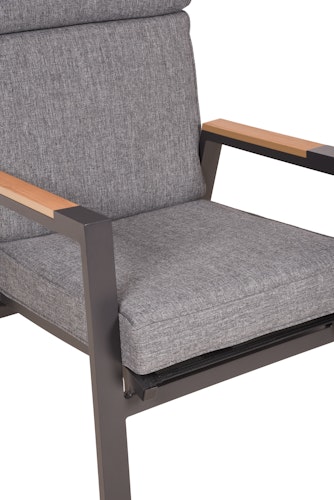 Garden Pleasure Gartenmöbel Set BARLETTA, Tisch 180 x 91 + 4 Stapelsessel, Alu Anthrazit / Nonwood Holz-Optik / Kissen 100 % Polyester