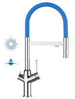 4 Wege Wasserhahn Küchenarmatur, BOD, mit 360° schwenkbarem Auslauf, abnehmbare 2 strahl Handbrause, Verchromt / Blau
