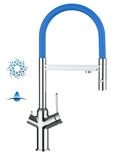 4 Wege Wasserhahn Küchenarmatur, BOD, mit 360° schwenkbarem Auslauf, abnehmbare 2 strahl Handbrause, Verchromt / Blau