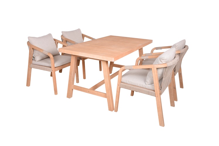 Garden Pleasure Gartenmöbel Set BOGOTA, Tisch 150 x 85 + 4 Sessel, Akazie / Rope Hellgrau / Kissen 100 % Polyester Hellgrau