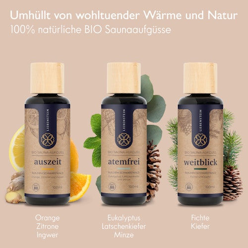Liebenstein 7-teiliges Premium-Komplettset – Kiefernholz Saunaeimer mit Kelle, 3 x Sauna-Aufguss, Sanduhr & Hygro-/Thermometer
