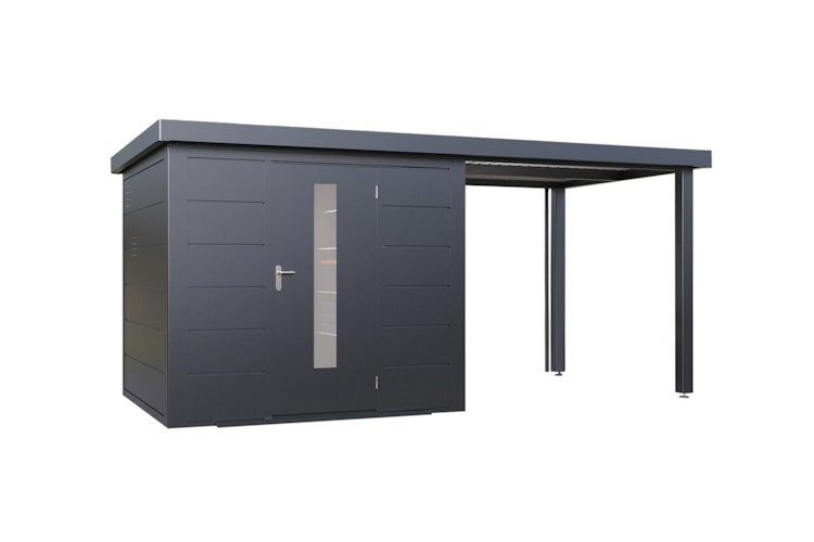 Wolff Finnhaus Premium Metall Gartenhaus Thorin 4824 Anthrazit inkl. 240 cm Anbaudach