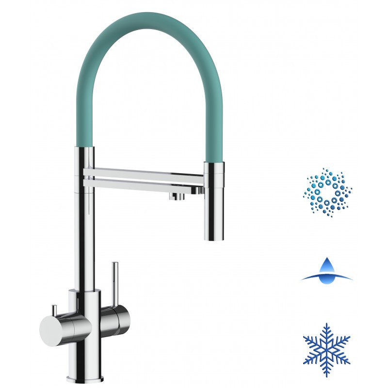 5 Wege Wasserhahn Küchenarmatur, Edelstahl Massiv mit 360° schwenkbarem Auslauf, abnehmbare 2 strahl Handbrause, Hochglanz / Türkis