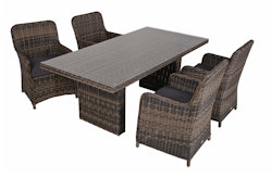 Garden Pleasure Gartenmöbel Set BORDEAUX I, Tisch 200 x 100 + 4 Sessel, Polyrattan Nelkenbraun / Glasplatte / Kissen 100 % Polyester Dunkelgrau