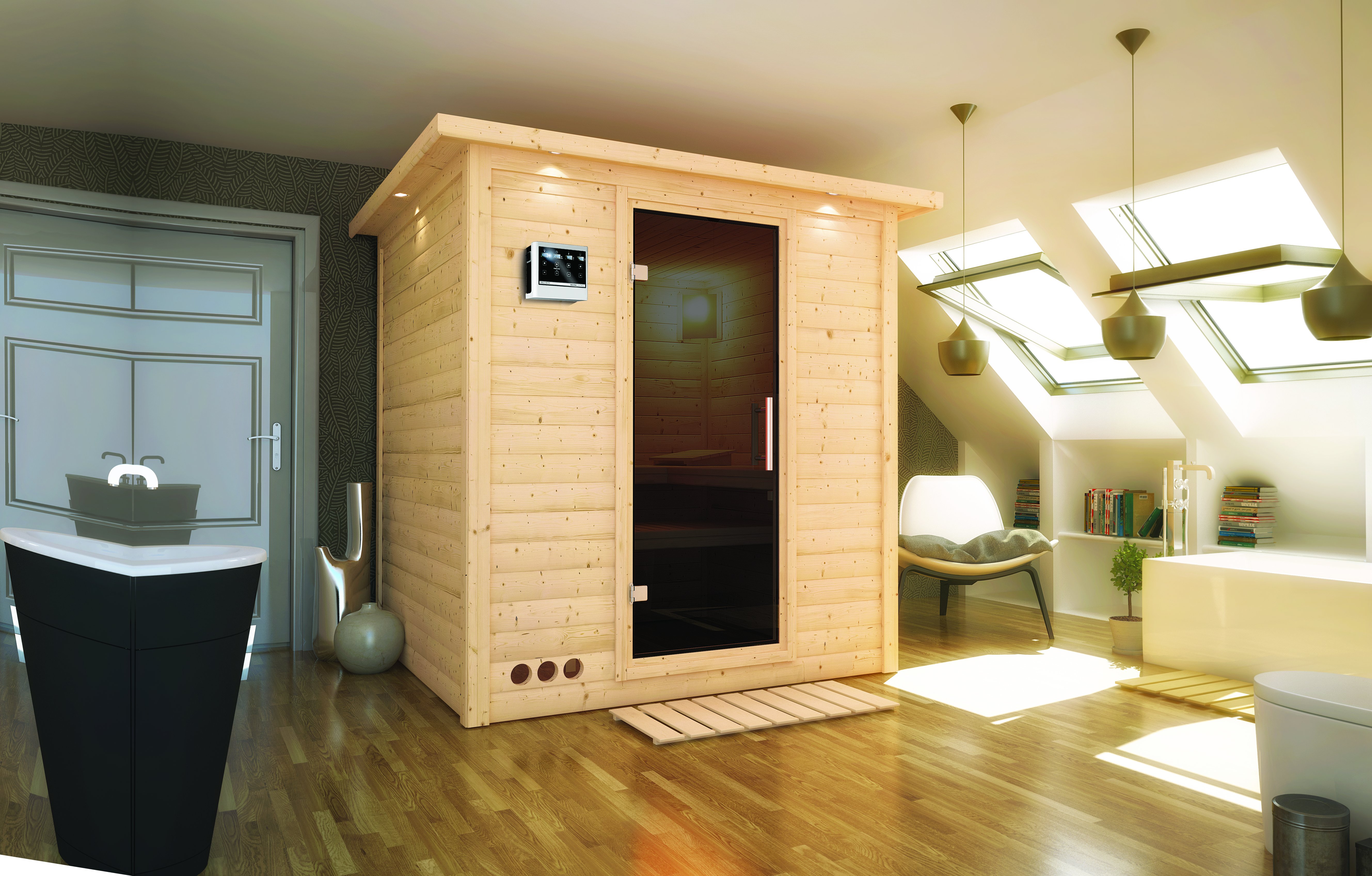 Karibu Sauna Mojave - Massivholzsauna mit Fronteinstieg 38 mm inkl. gratis Sauna-Zubehörset im Wert von 234,94 €