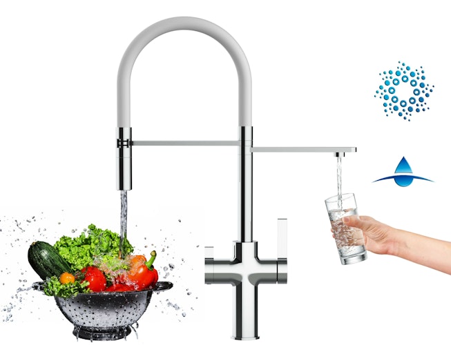 4 Wege Wasserhahn Küchenarmatur, FC, mit 360° schwenkbarem Auslauf, abnehmbare 2 strahl Handbrause, Verchromt / Weiß