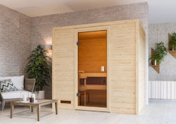 Karibu Woodfeeling Sauna Selena - 38 mm Massivholz Aktionssauna inkl. gratis Saunaofen im Wert von 599,99 €