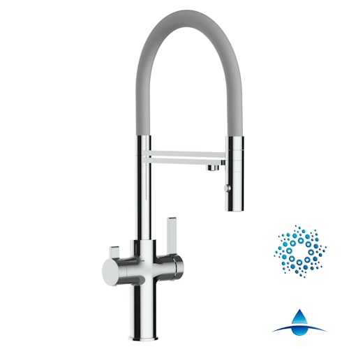 4 Wege Wasserhahn Küchenarmatur, FC, mit 360° schwenkbarem Auslauf, abnehmbare 2 strahl Handbrause, Verchromt / Grau