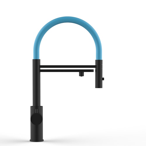 Kurzversion 47 cm - 5 Wege Wasserhahn Küchenarmatur, Edelstahl Massiv mit 360° schwenkbarem Auslauf, abnehmbare 2 strahl Handbrause, PVD Schwarz Matt / Hellblau