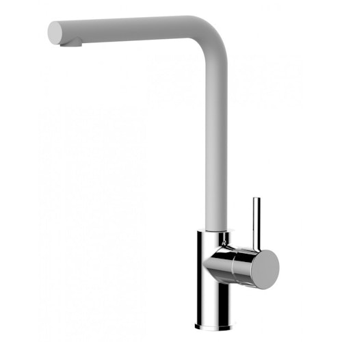 Wasserhahn Küchenarmatur, SAM, mit 360° schwenkbarem L-Auslauf, Verchromt / Weiß Granit