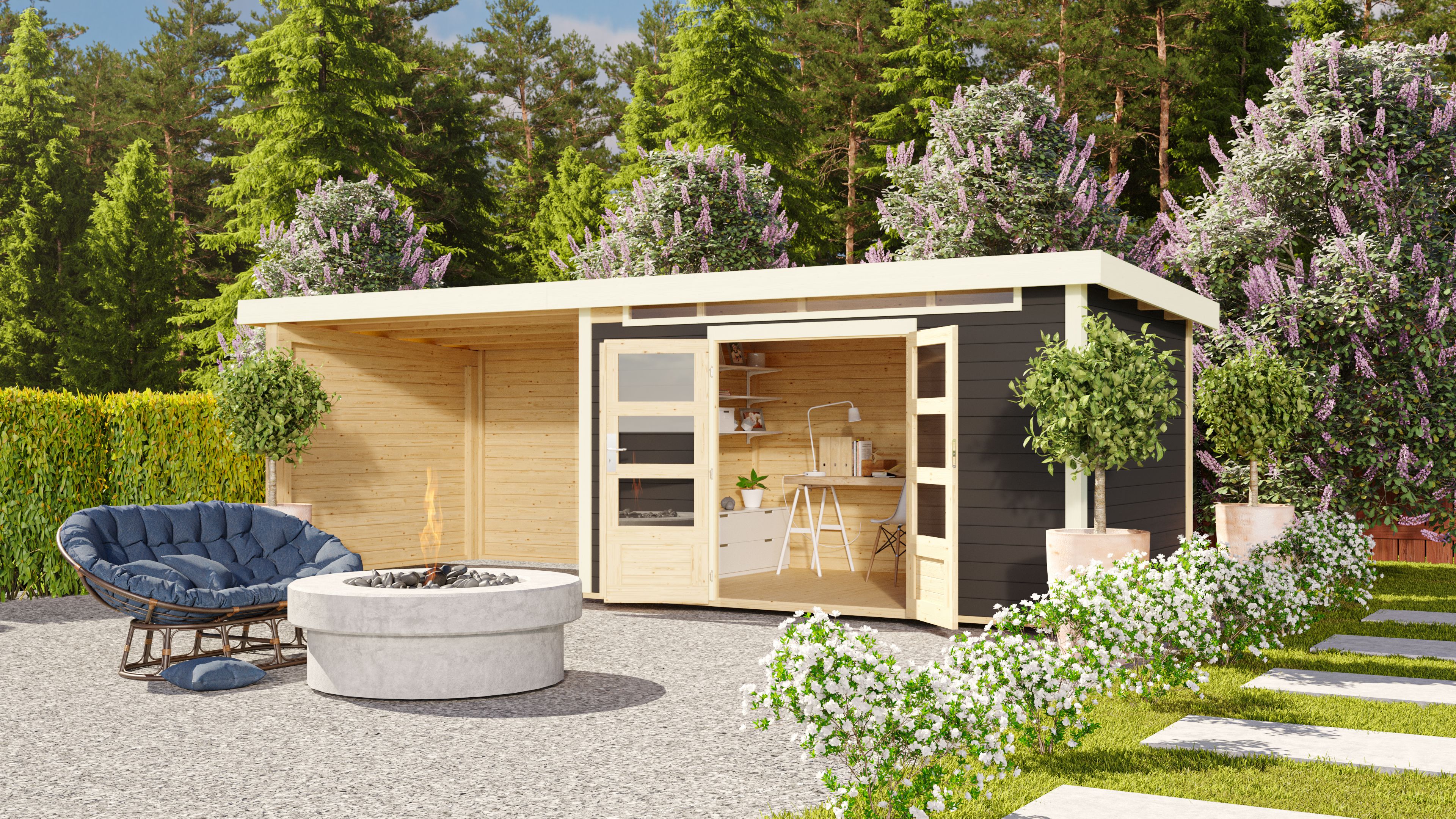Karibu Woodfeeling Gartenhaus Kandern 6/7 mit 300 cm Schleppdach/Seiten- und Rückwand