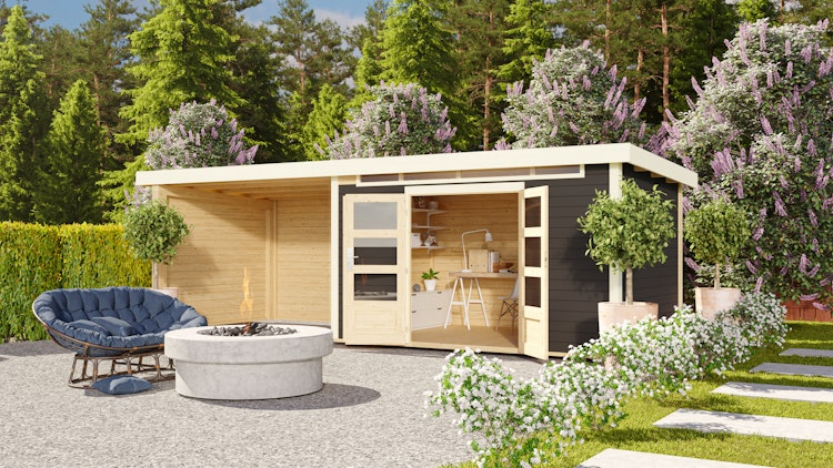 Karibu Woodfeeling Gartenhaus Kandern 6/7 mit 300 cm Schleppdach/Seiten- und Rückwand