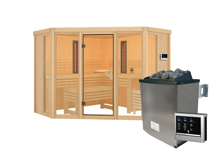 Karibu Multifunktions-Sauna Asta inkl. Infrarotstrahler mit Eckeinstieg 68 mm inkl. gratis Sauna-Zubehörset im Wert von 234,94 €
