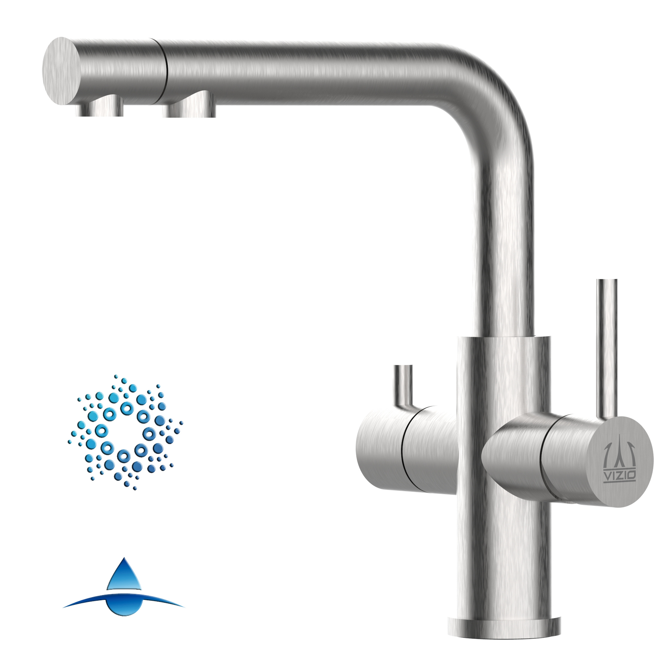 4 Wege Wasserhahn Küchenarmatur, Edelstahl Massiv mit schwenkbarem L-Auslauf und herausziehbarer Brause, Gebürstet